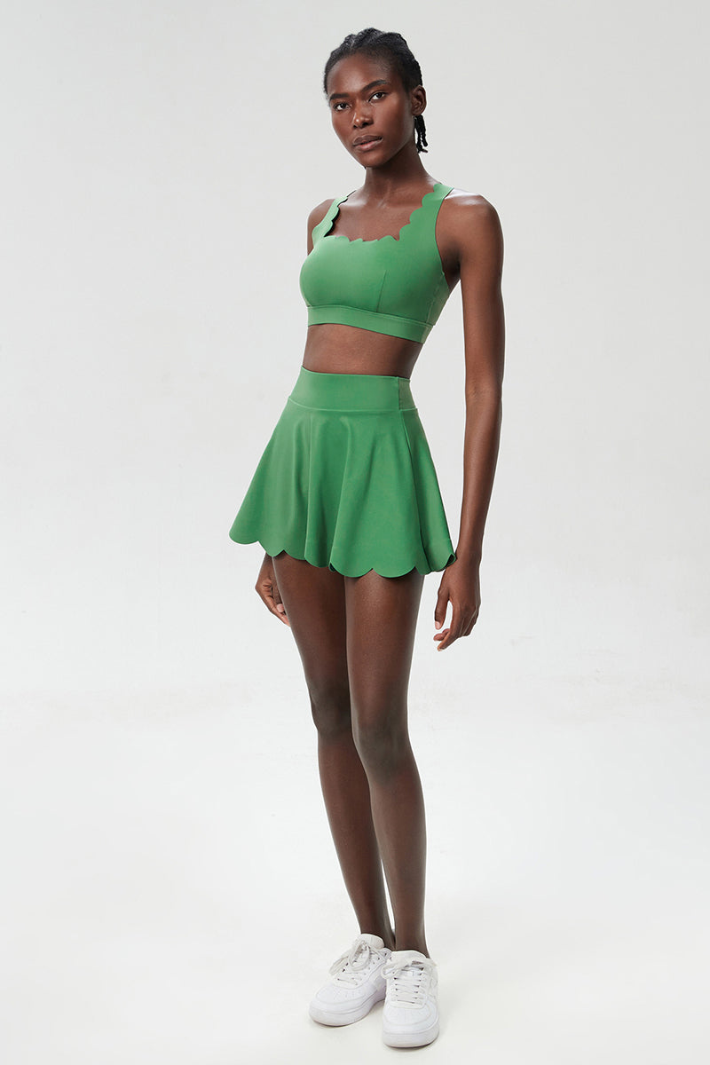 Women Wave Liquid Seamless Plus Size Quick-Dry Tennis Set - Scalloped Strappy Bra & A-Line Skirt