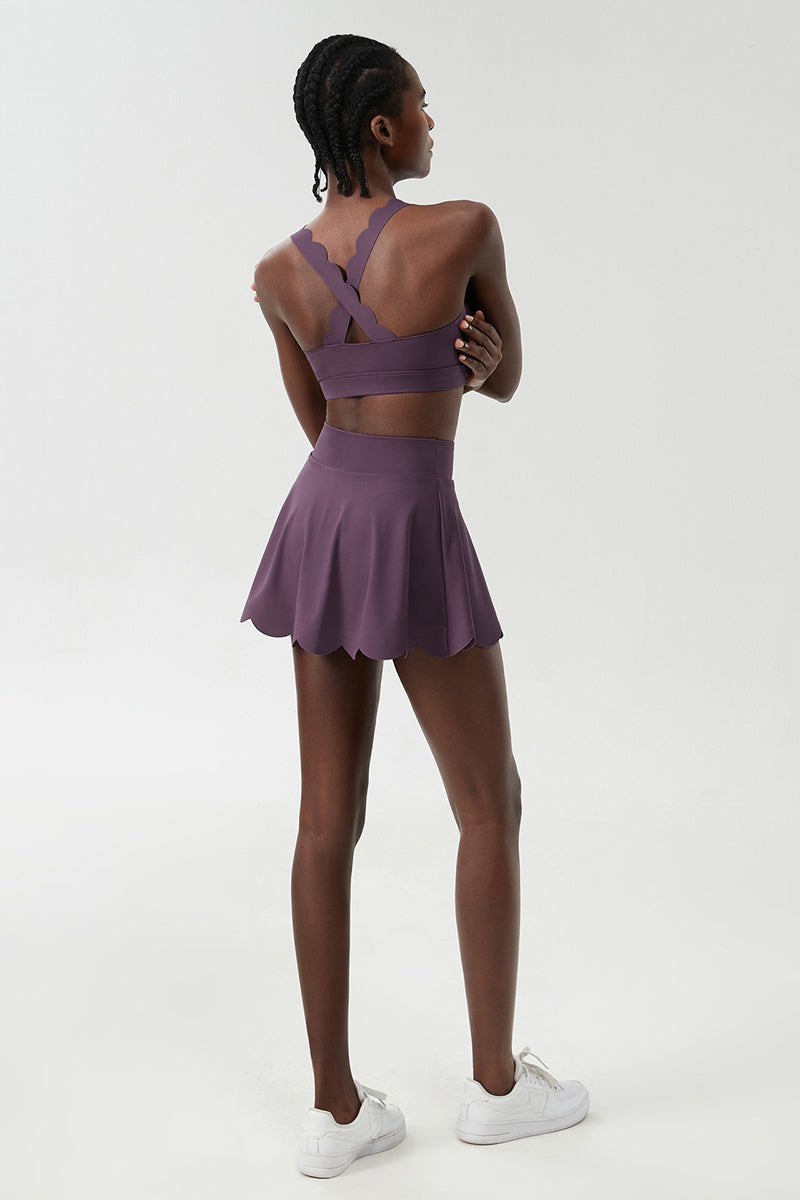 Women Wave Liquid Seamless Plus Size Quick-Dry Tennis Set - Scalloped Strappy Bra & A-Line Skirt