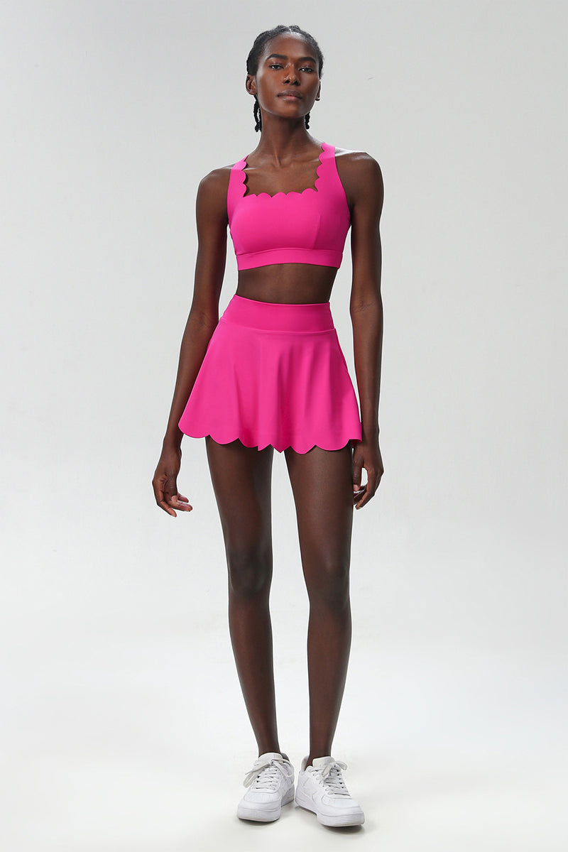 Women Wave Liquid Seamless Plus Size Quick-Dry Tennis Set - Scalloped Strappy Bra & A-Line Skirt
