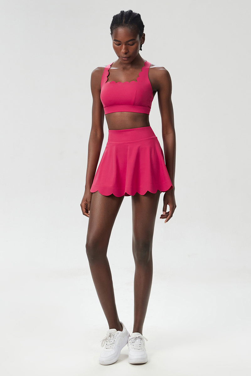 Women Wave Liquid Seamless Plus Size Quick-Dry Tennis Set - Scalloped Strappy Bra & A-Line Skirt