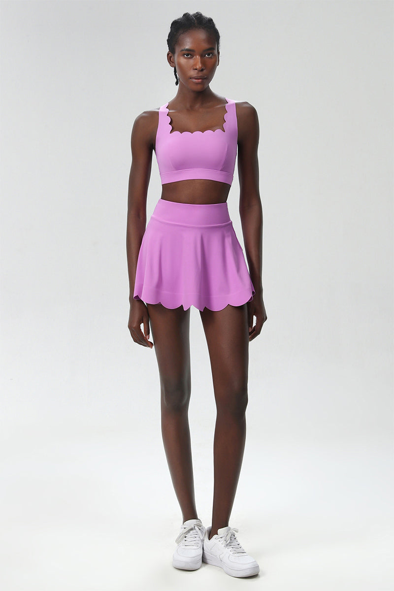 Women Wave Liquid Seamless Plus Size Quick-Dry Tennis Set - Scalloped Strappy Bra & A-Line Skirt