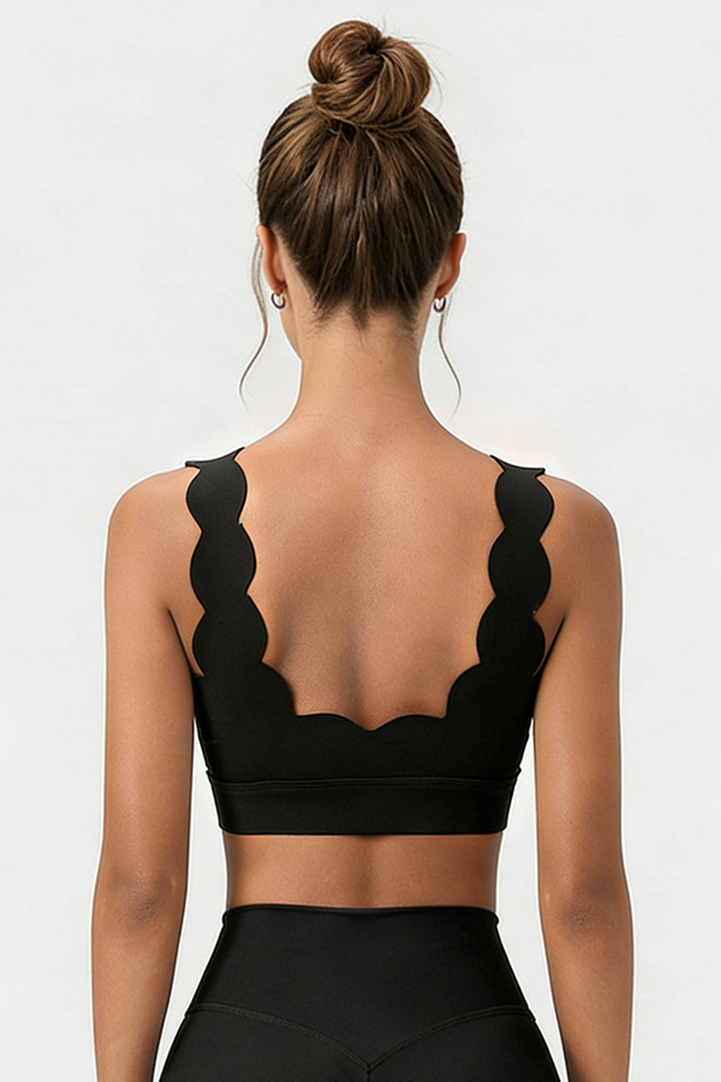 Women's Solid Scalloped Edge V-Neck Sports Bra