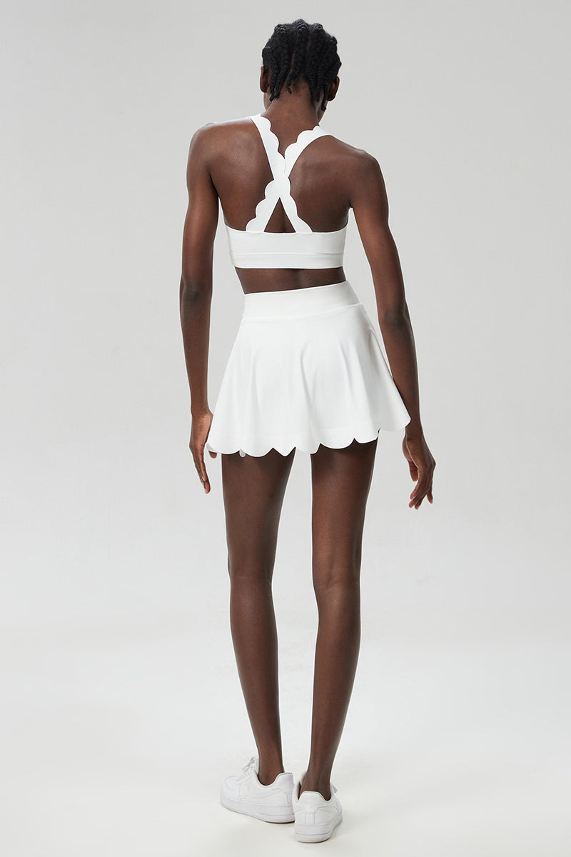 Women Wave Liquid Seamless Plus Size Quick-Dry Tennis Set - Scalloped Strappy Bra & A-Line Skirt