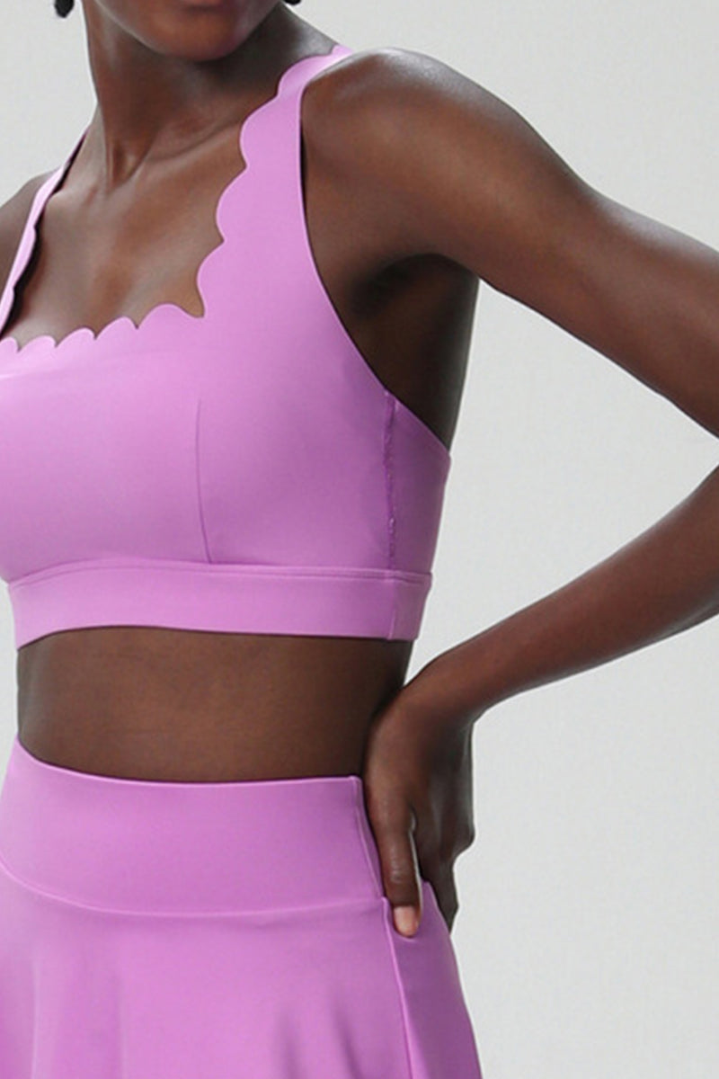 Women Wave Liquid Seamless Plus Size Quick-Dry Tennis Set - Scalloped Strappy Bra & A-Line Skirt