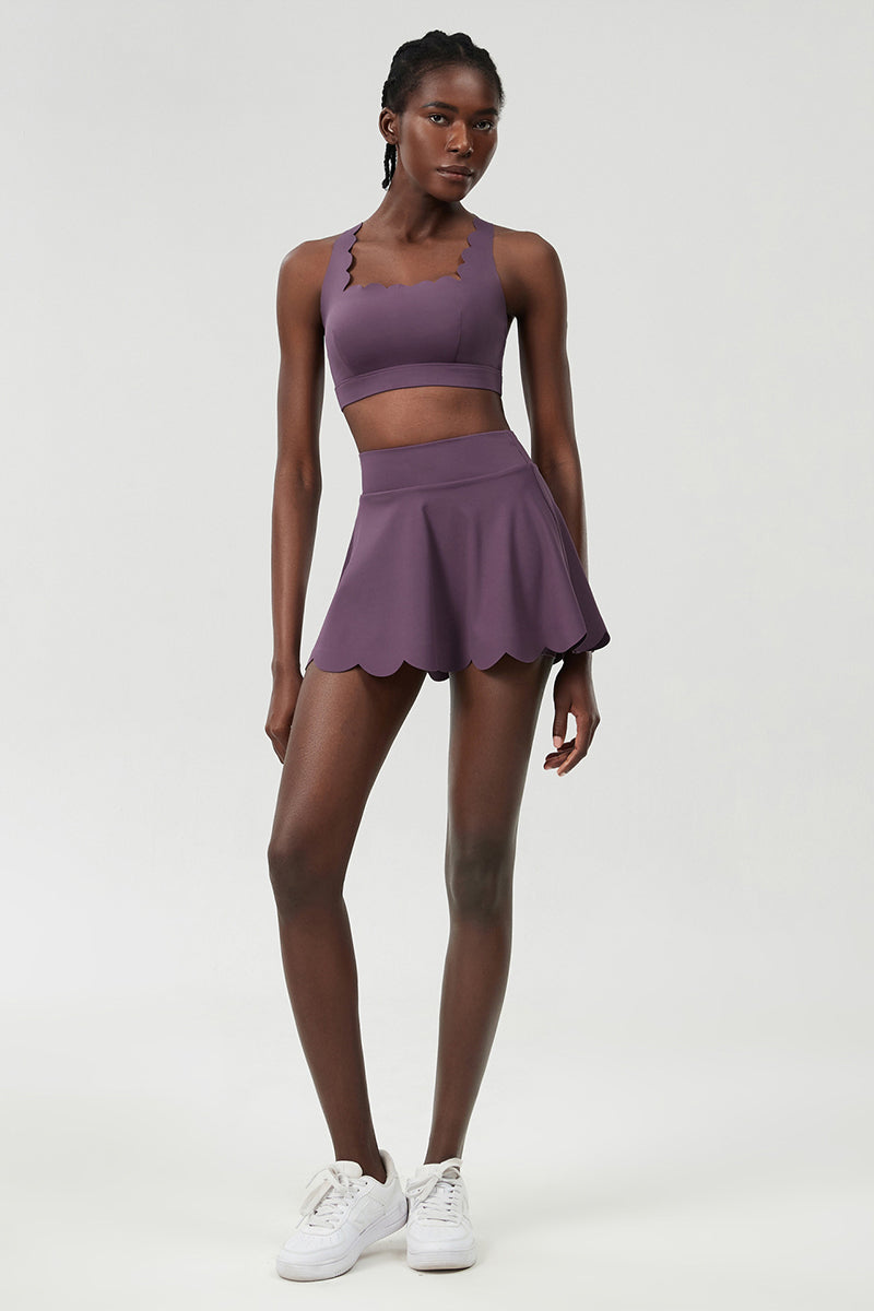 Women Wave Liquid Seamless Plus Size Quick-Dry Tennis Set - Scalloped Strappy Bra & A-Line Skirt