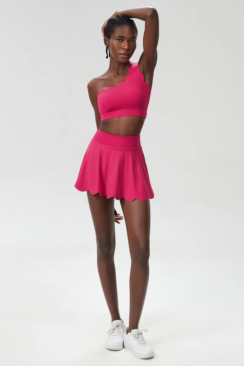 Zula Women Wave Scoop-Neck Seamless Plus Size Tennis Set - Quick-Dry One-Shoulder Bra & Ruffle Hem Skirt