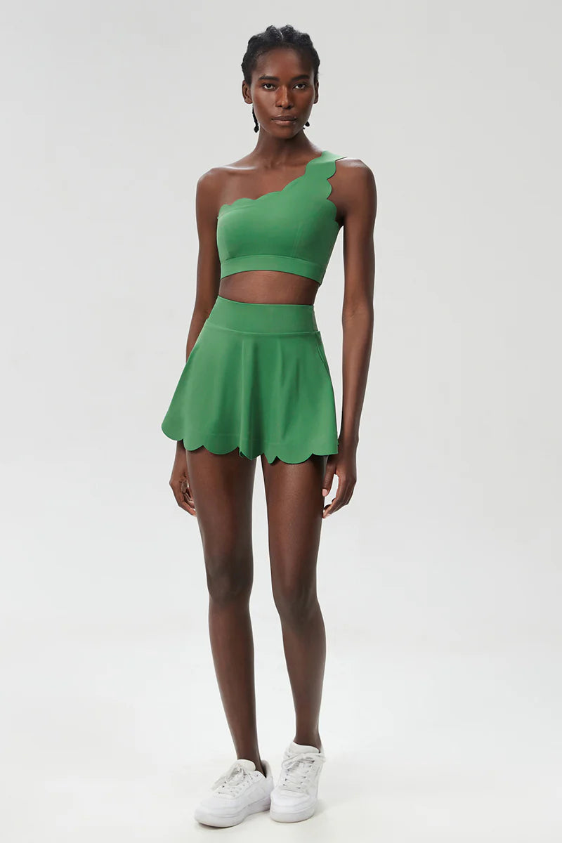 Zula Women Wave Scoop-Neck Seamless Plus Size Tennis Set - Quick-Dry One-Shoulder Bra & Ruffle Hem Skirt