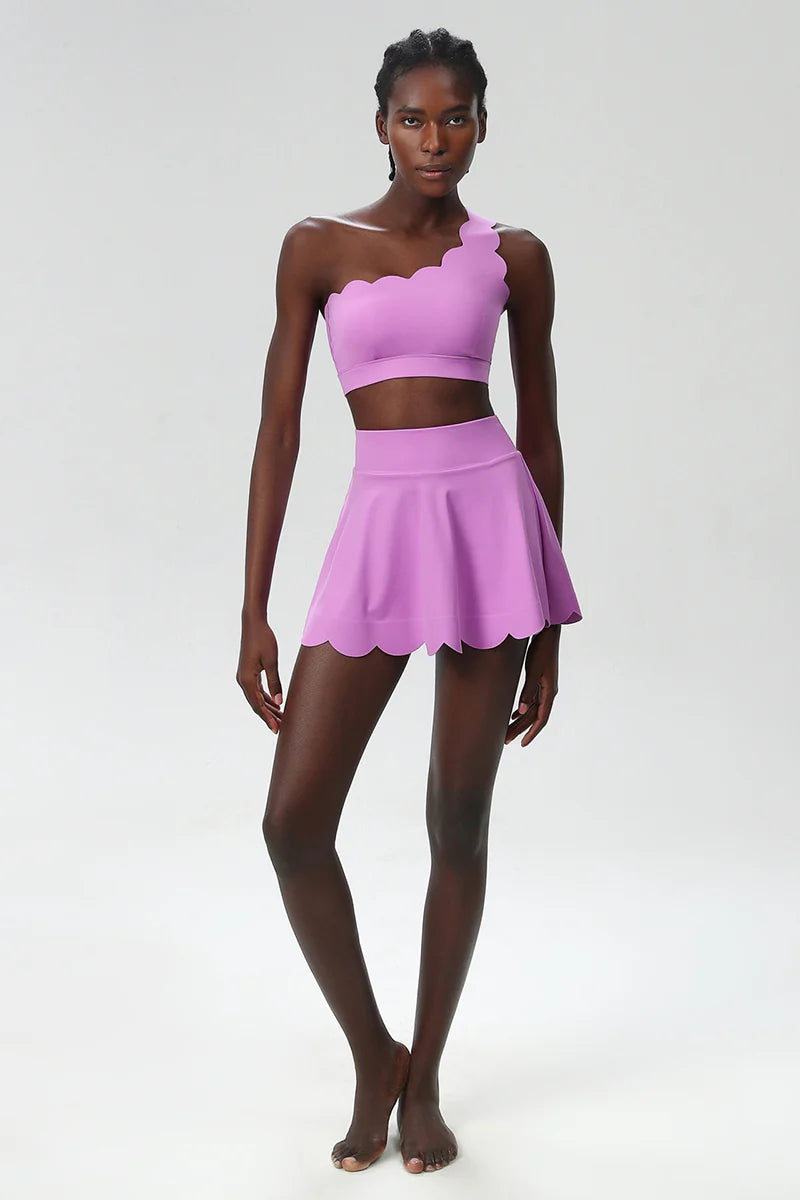 Zula Women Wave Scoop-Neck Seamless Plus Size Tennis Set - Quick-Dry One-Shoulder Bra & Ruffle Hem Skirt