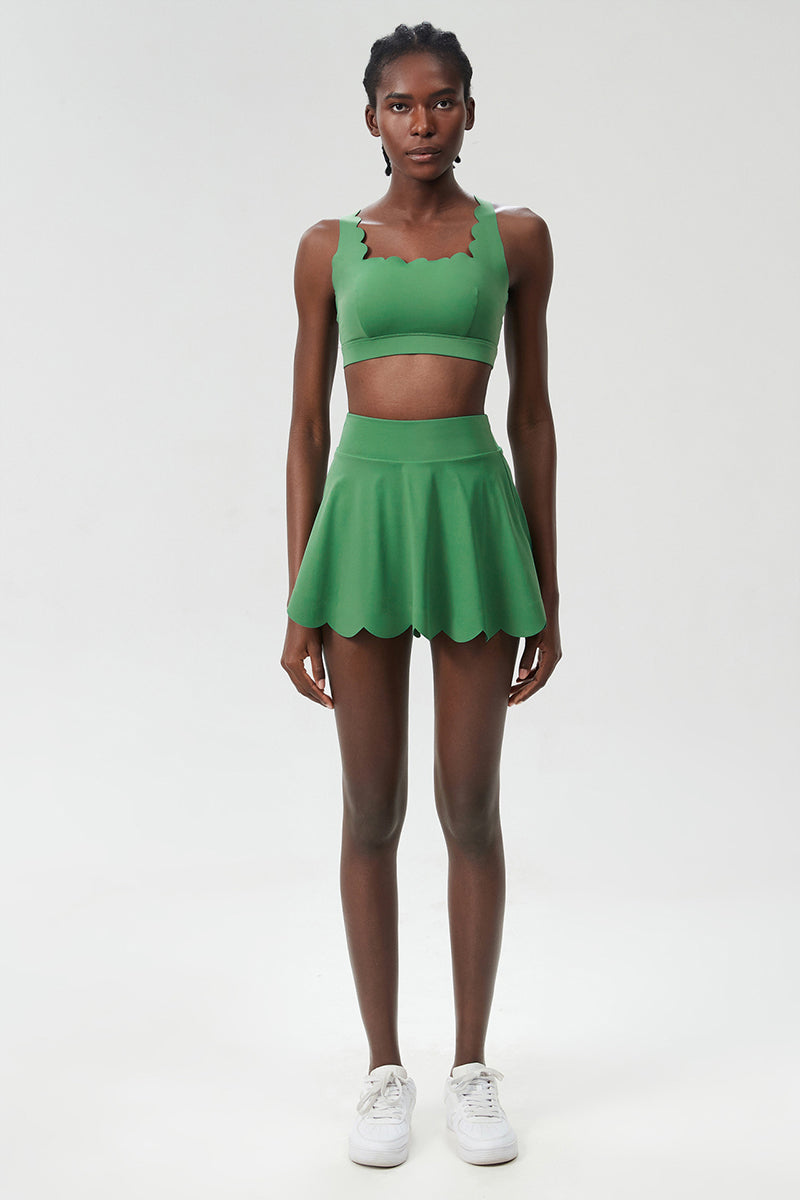 Women Wave Liquid Seamless Plus Size Quick-Dry Tennis Set - Scalloped Strappy Bra & A-Line Skirt