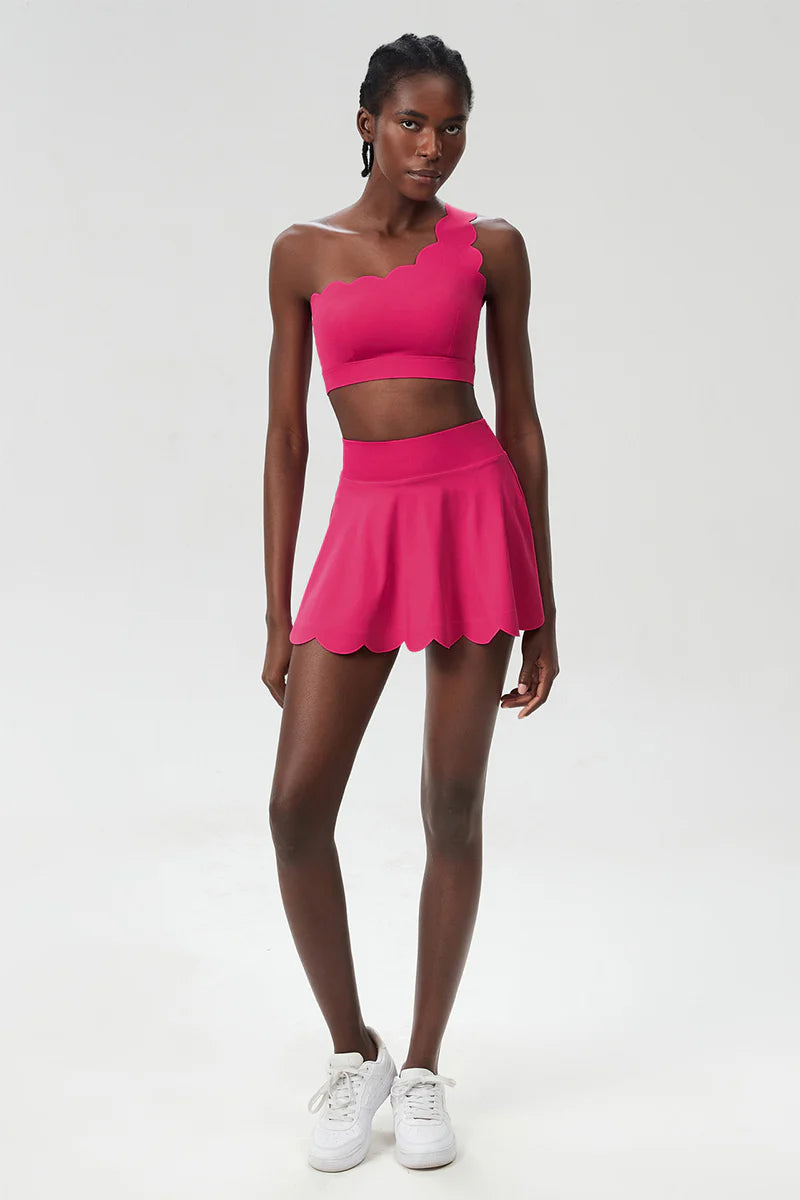 Zula Women Wave Scoop-Neck Seamless Plus Size Tennis Set - Quick-Dry One-Shoulder Bra & Ruffle Hem Skirt